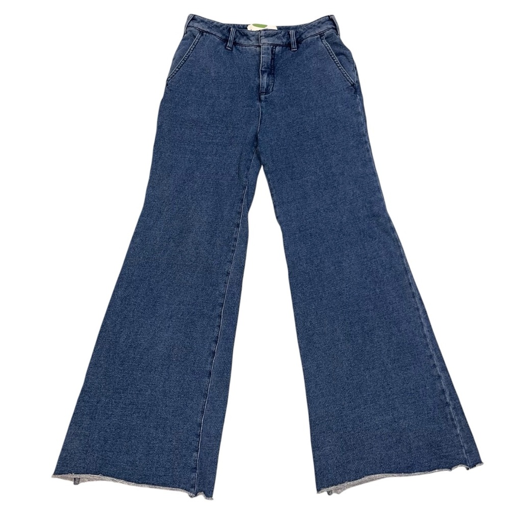 Anthropologie Blue Jersey Knit Denim Wide Leg Bell Bottom Flare Leg Pants 29